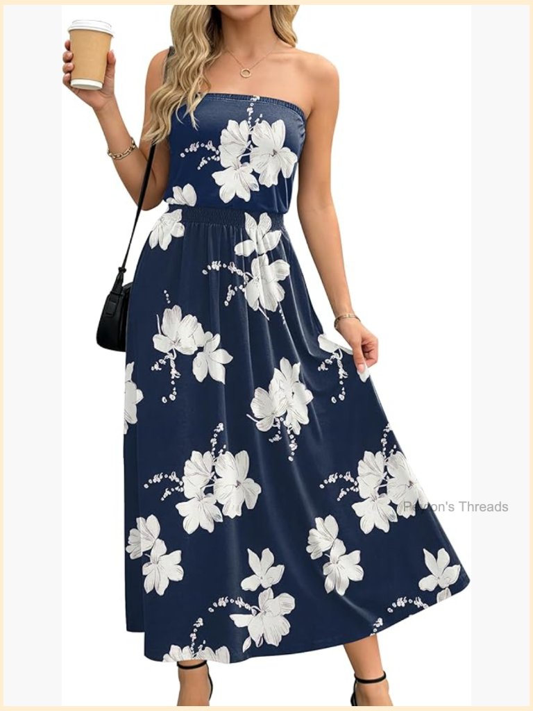 Strapless Bandeau Tube Cover Up Beach Dress Casual Elastic Waist Flowy Maxi